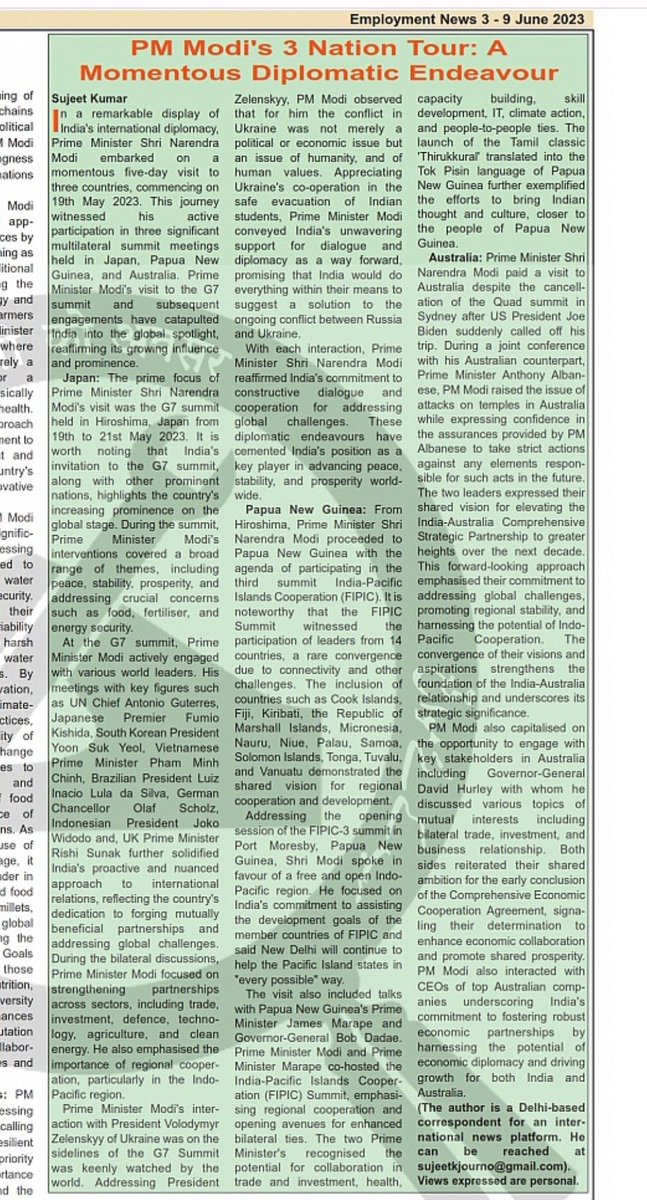 Employ_News's tweet image. From strengthening global partnerships to championing sustainability, #EmploymentNews dated 3-9 June 2023
brings you a complete assessment 
 of #ModiAtG7 and the PM&apos;s 3-nation tour. 
A concise capsule for your #CurrentAffairs preps.