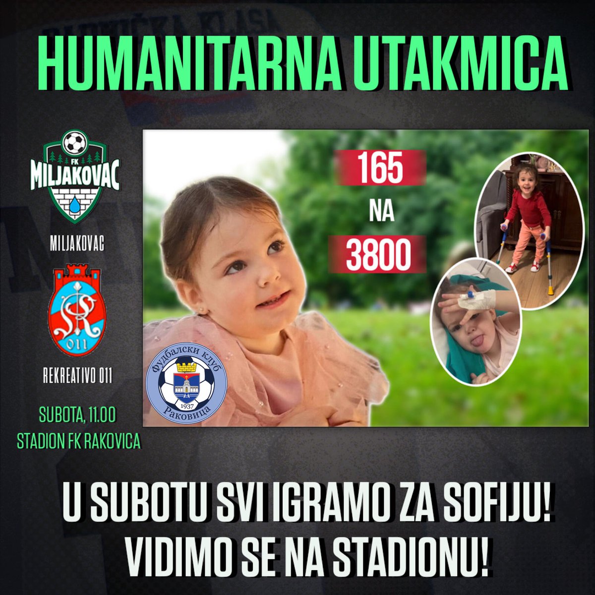 fkmiljakovac's tweet image. Danas u 11.00 na stadionu FK Rakovica! Igramo za Sofiju! Vidimo se! 💚⚽️