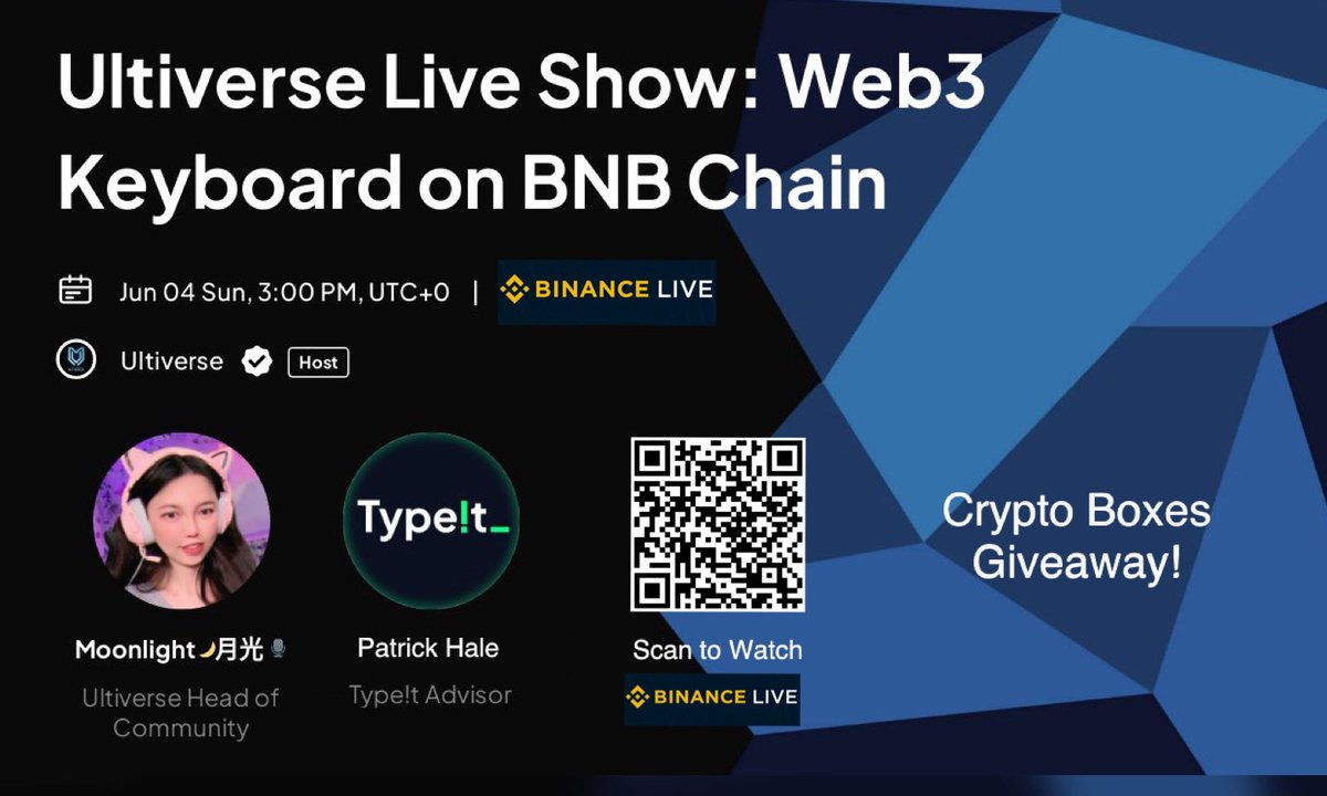 🔥Ultiverse Live Show: Web3 Keyboard on the BNB Chain with @Typeit_ advisor Patrick!
🎙️Host: <a href="/Moon1ightSt/">Moonlight🌙月光</a> 

🎁 10  Free Mint NFT WLs Giveaway!

✅❤️ &amp; RT
✅Tag 3 frens 
✅Post ur MetaMask address
✅Follow @Typeit_ 
✅Watch it on Binance Live: binance.com/en/live/video?…