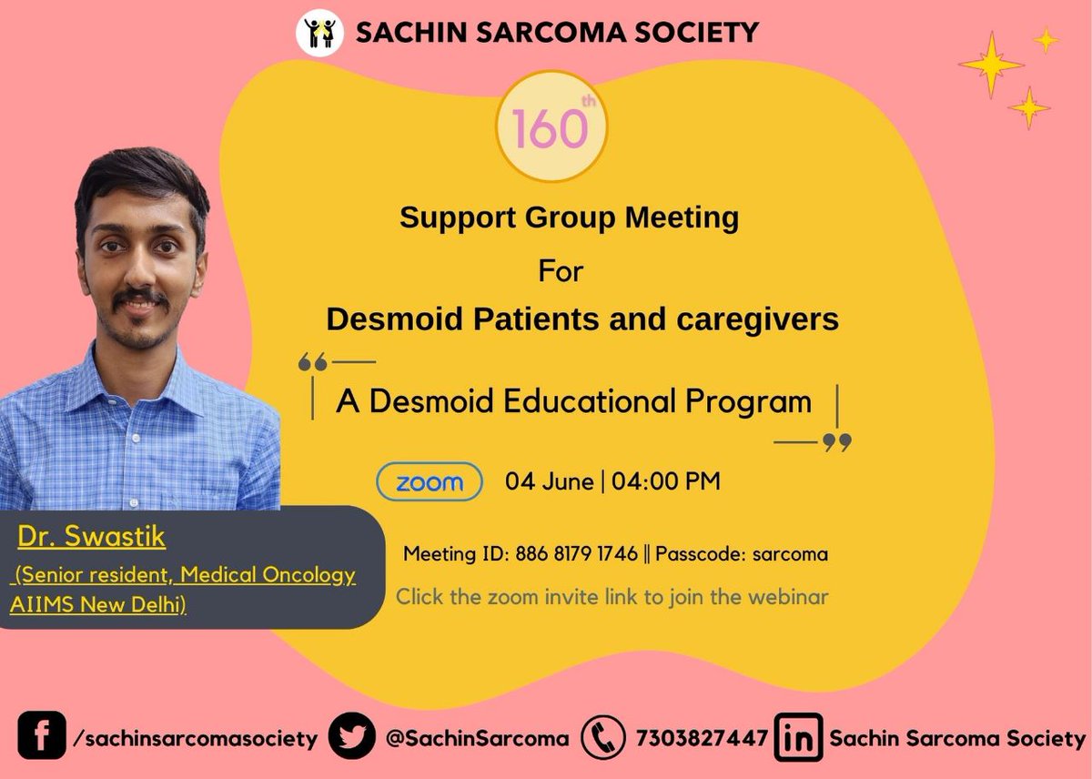 SachinSarcoma's tweet image. Organising 160 th #desmoid #supportgroup meeting tomorrow desmoid education program to help n support patients and caregivers. Dr Swastik, AIIMS would be giving an educational session on desmoid and address concerns of patients. Join the session. #hope #positivity #companionship