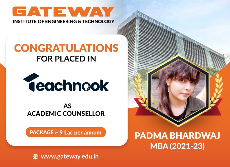 GatewayIn's tweet photo. It feels immense pleasure to announce that our students from MBA (2021-23) Ms. Shikha &amp; Ms. Padma Bhardwaj have been successfully placed in Teachnook (Bangaluru) as Academic Counselor on a package of 9 Lac per annum.
We wish them all the best for their future endeavors. https://t.co/8z06g2okCl