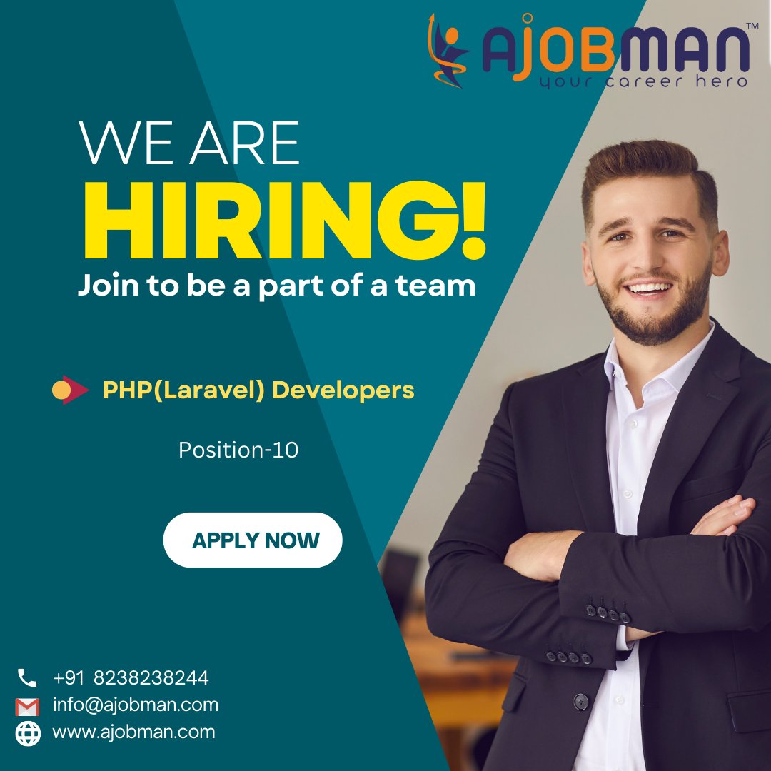 a_jobman's tweet image. We are Hiring #PHPLaravelDevelopers.
Min. 1 year & Max. 5 Year #Experience
Work from office
Location- #Ahmedabad
💯% #JobPlacement
👉Terms & condition apply
🔖Send your CV & Contact Us more Detail: -
📲+91 8238238244, 📧 info@ajobman.com
#laraveldeveopersjob #ajobman #jobsearch