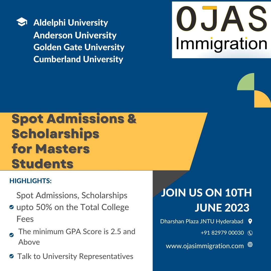 Students Join us for Spot Admissions on 10th June 2023 at OJAS IMMIGRATION head office, Interact with the University Representatives avail scholarship upto 50% #usa #studyinusa #studyvisa #ojasimmigration #adelphi #andersonuniversity #schlarship #2023