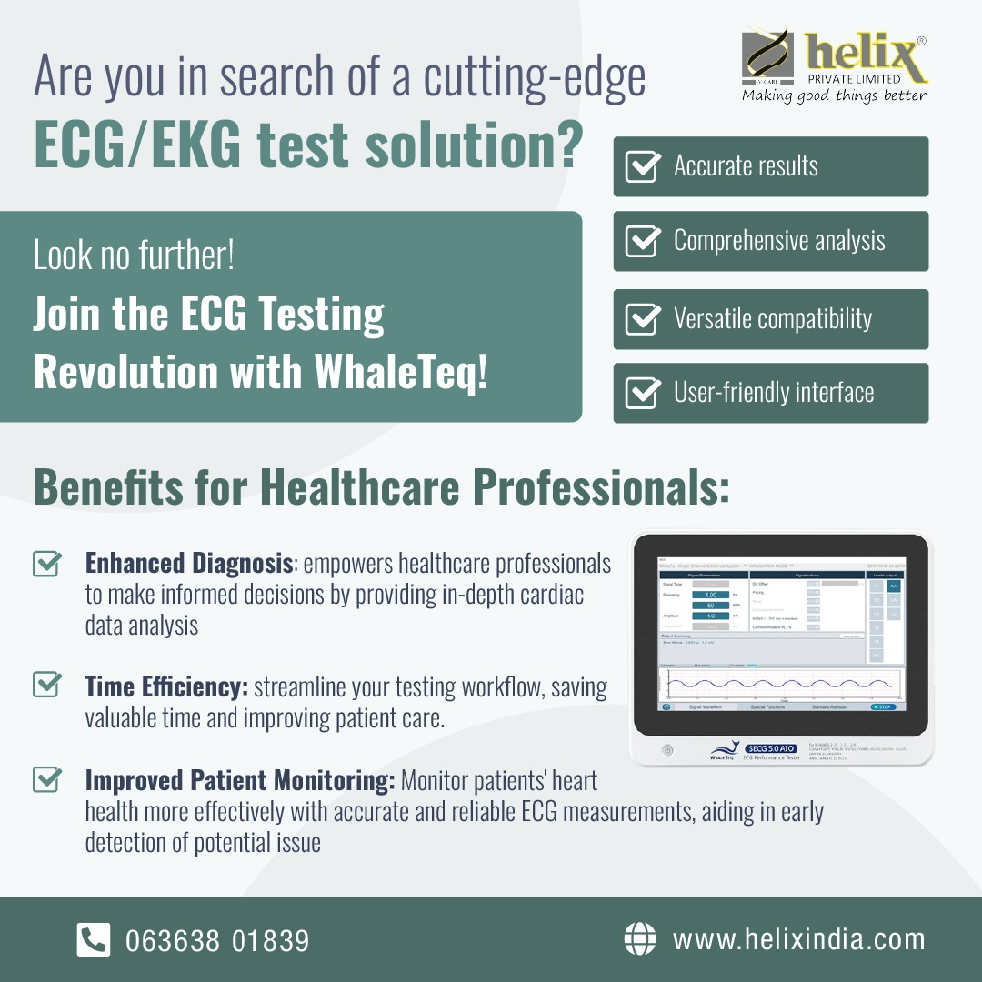 Seeking the cutting-edge in ECG/EKG testing? 
Call- 063638 01839 or
Visit- helixindia.com
#ECGTesting #EKGTesting #CardiacHealth  #HealthcareTechnology #CuttingEdge #DiagnosticTools #HeartHealth #WhaleTeq #AccurateDiagnosis #ComprehensiveAnalysis #UserFriendly