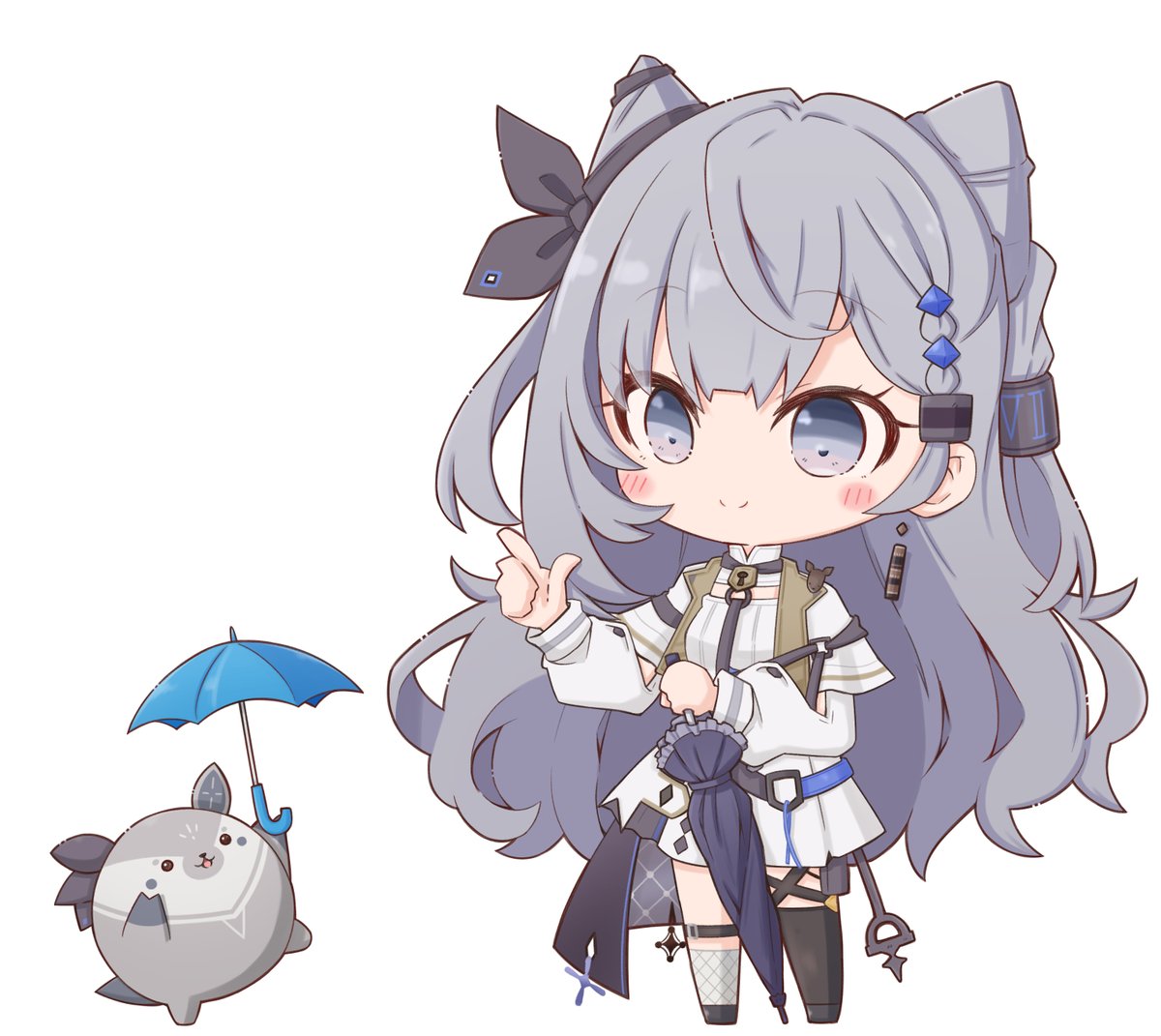 1girl umbrella grey hair chibi hair bun long hair white dress  illustration images