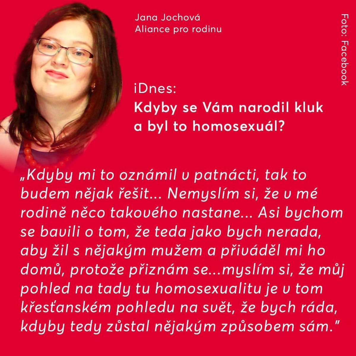 Aliance pro rodinu. PRO RODINU. 
Ale jen pokud v té rodině není někdo teplý. To ho pak donutím, aby žil sám. 

Prosím, aby byla Aliance pro rodinu vyřazena ze všech poradních orgánů. 
Tohle nemá s láskou a pomoci rodině nic společného. Je to jen sebranka homofobů.