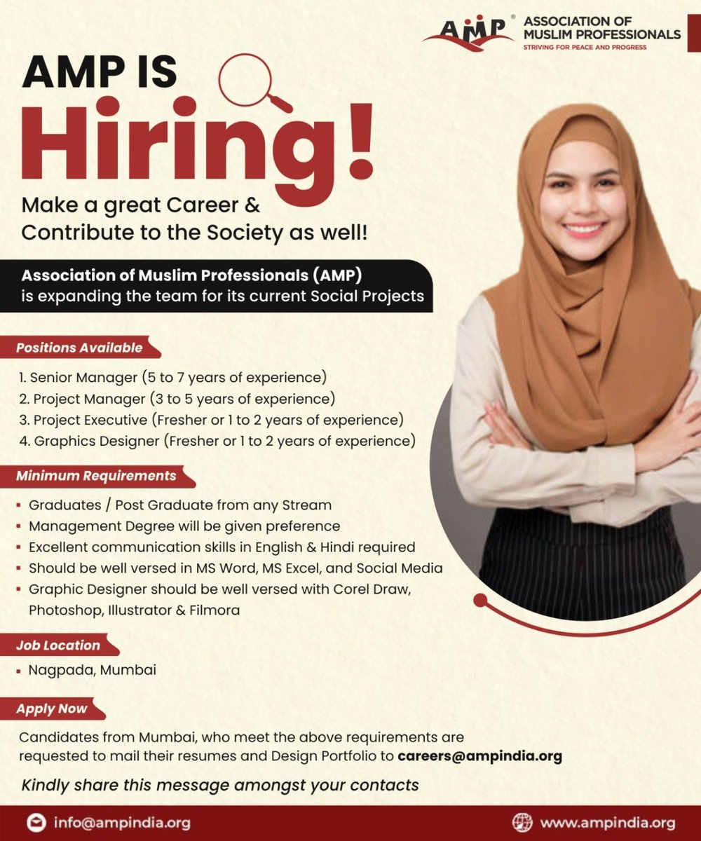 [Pls RT for Better reach]

📣 Make a great Career &amp; Contribute to the Society as well! 📣

Association of Muslim Professionals (AMP) is expanding the team for its current Social Projects

Positions Available:
1. Senior Manager (5 to 7 years of experience)
2. Project Managers (3