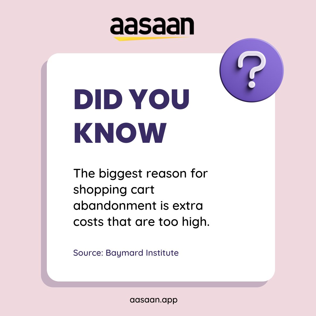 🛒💸 Did you know? 

The number one reason why shoppers abandon their carts is due to sky-high extra costs! 😱

💔 Don't let hidden fees spoil your shopping experience.

#ShoppingCartAbandonment #SaveBig #ShopSmart #aasaanapp #shoppingtime #shoppingtime #shoppingaddict