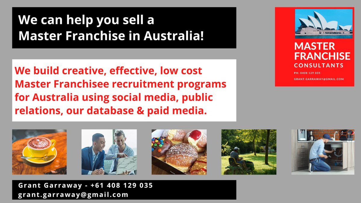 We can help you sell a Master Franchise in Australia!

We build creative, effective, low cost #MasterFranchise recruitment programs.

Grant Garraway - +61 408 129 035
Email grant.garraway@gmail.com

#recruitment #franchiseconsultant #ggfc #socialmedia #australia