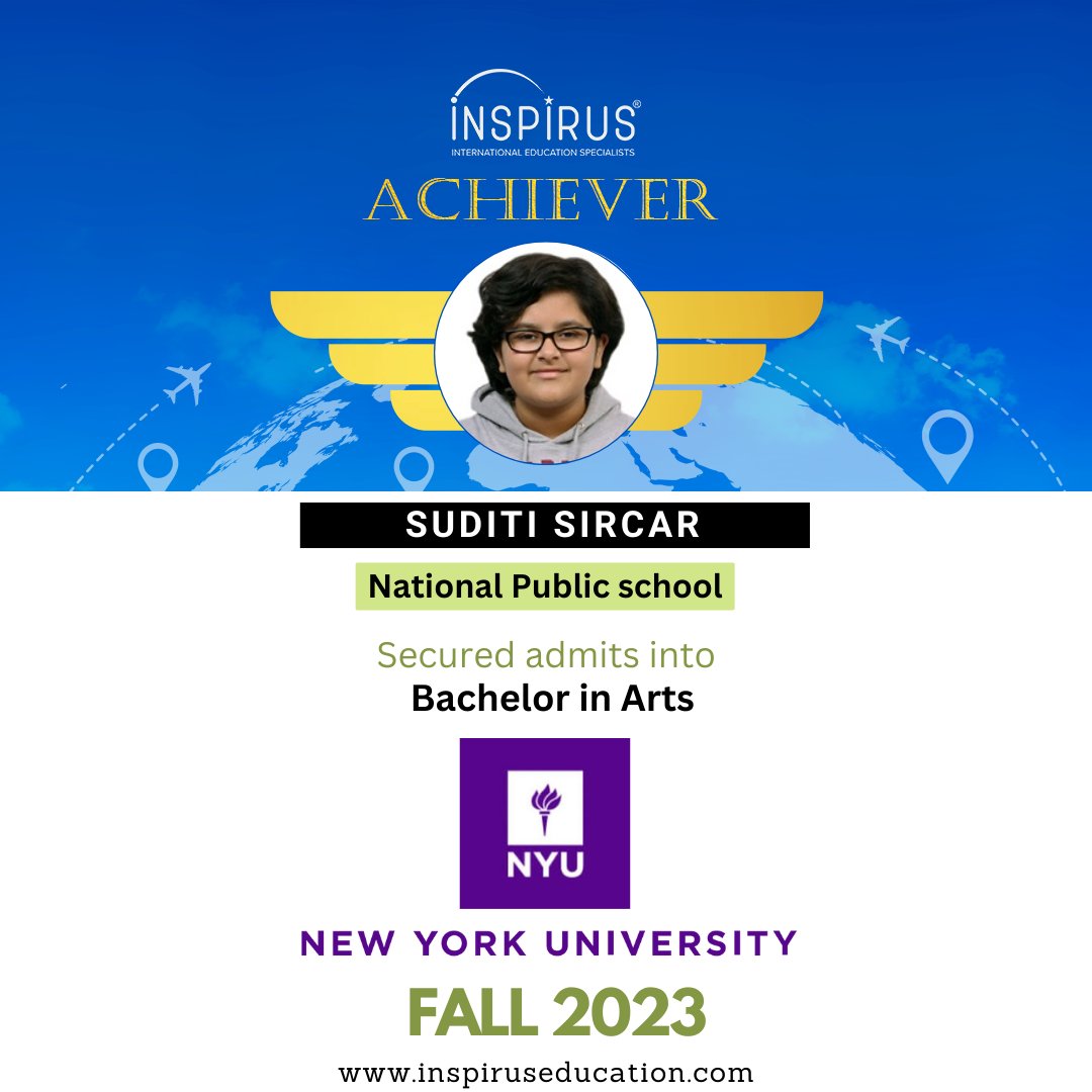 Suditi Sircar, our student has secured admit to the NYU (Major in Interactive Media Arts) for Fall 23.

#overseaseducation #fall2023 #sucessstory #admits2023 #undergraduatecounseling #abroadstudies #bachelorinarts #mediaarts #newyorkuniversity #careerinarts #topuniersities