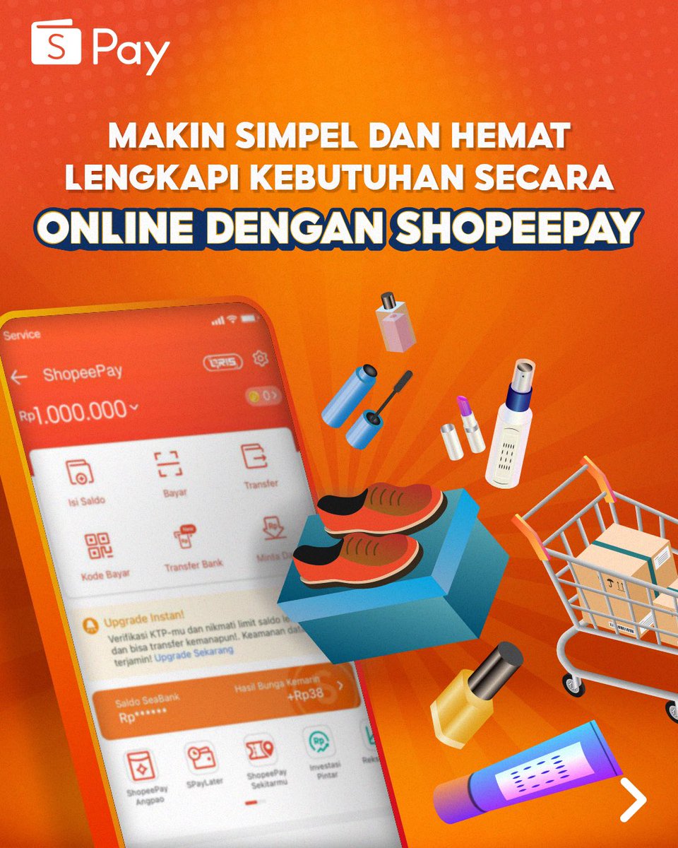ShopeePay_ID's tweet photo. Serba-serbi transaksi dan belanja online setiap saat jadi makin simple dan hemat karena pakai ShopeePay loh 🎉

Mulai dari beli paket data, sampai belanja keperluan rumah kamu dibuat simple aja, lebih hemat pakai promo online dari ShopeePay😍

Jangan sampai ketinggalan promonya🧡 https://t.co/Uq1L8NCWmQ