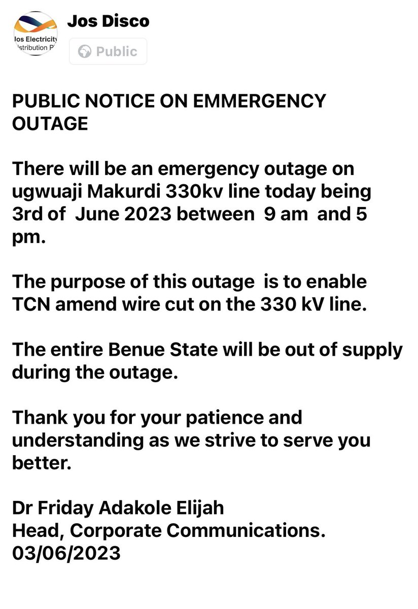 officialjedplc's tweet photo. PUBLIC NOTICE ON EMMERGENCY OUTAGE
#jedplc #energizingliveswithpride #emergencyoutage https://t.co/sEp2AKb7KE