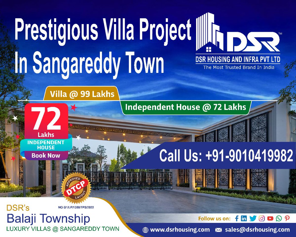 plotpanning's tweet photo. Grand Laucnhing Offer 𝐁𝐨𝐨𝐤 𝐧𝐨𝐰 𝐭𝐨 𝐚𝐯𝐚𝐢𝐥 More 𝐎𝐟𝐟𝐞𝐫!

Dear Investor, We have launched The Most Prestigious Villa Plots Project in Sangareddy Town (DSR's Balaji Township).

Highlights 👇
✔Luxury Villas @ 99 Lakhs Only
✔Independent Houses @ 72 Lakhs Only https://t.co/4tdJA1Tq3r