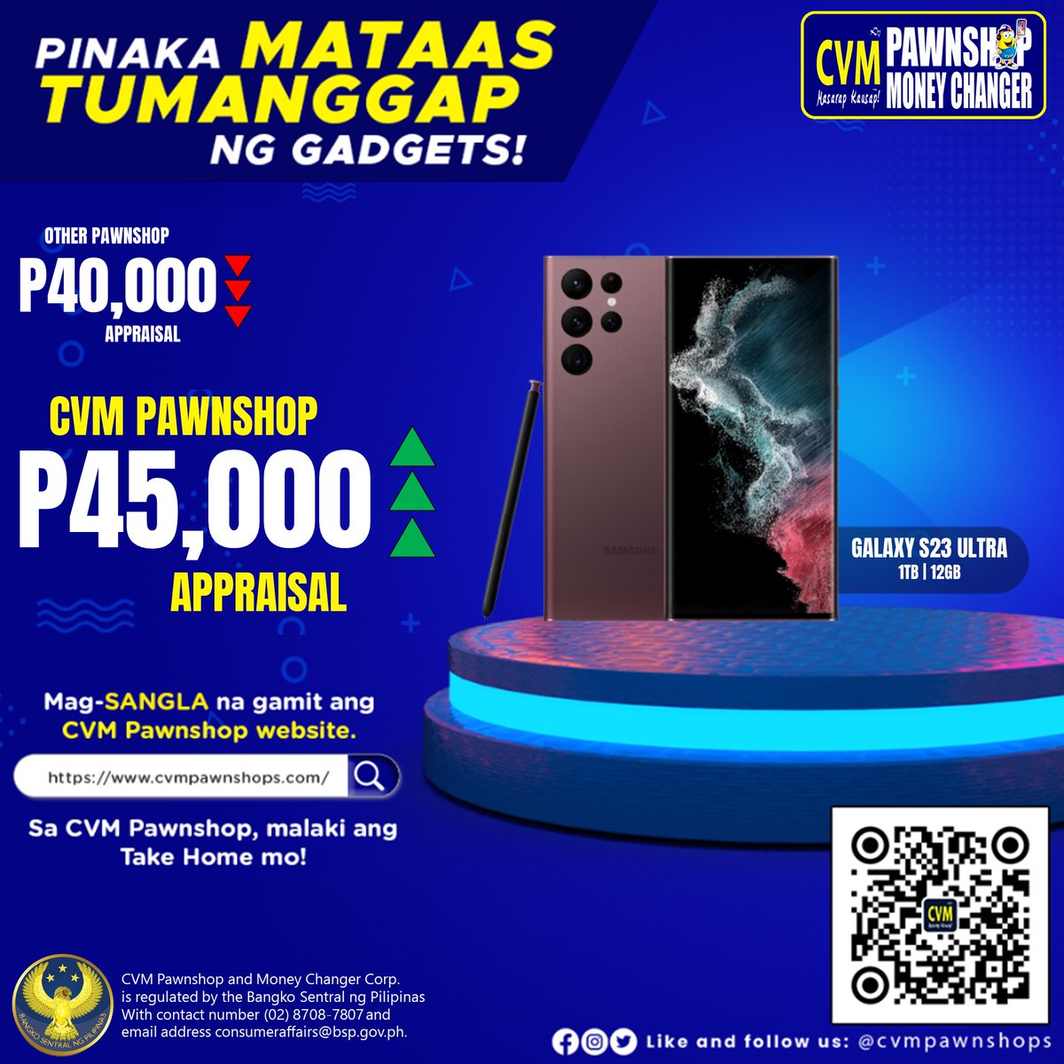cvmpawnshops's tweet photo. Mataas na Mas Pinataas pa! Dito sa CVM sure na malaki ang take home mo!

Para hindi mabitin ang budget gawin mo nang INSTANT CASH ang Gadget mo!

Branch sangla o Online sangla man yan, Parehong instant ang budget na makukuha para sa iyong Gadget!

#cvmpawnshops #gadgetpangbudget https://t.co/R1fTAMc4wn