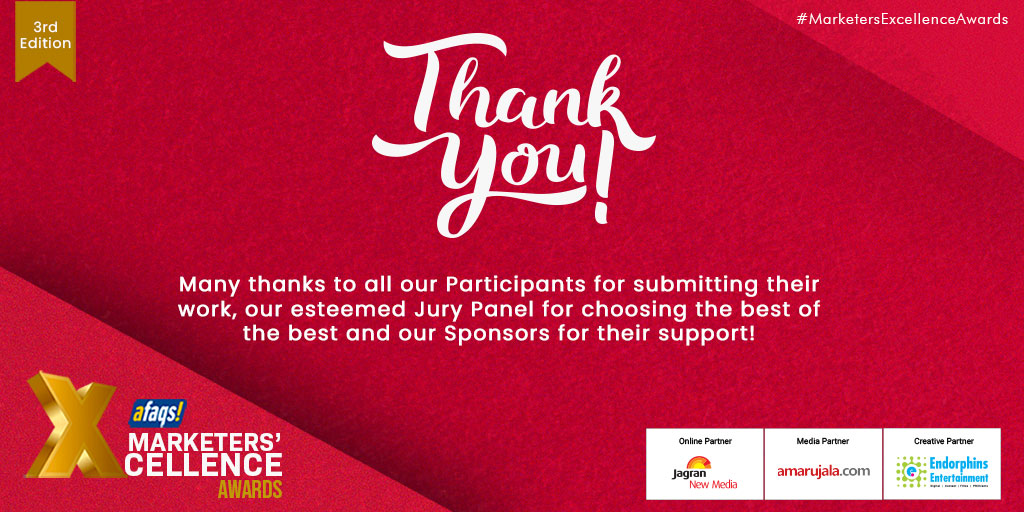 MarketersAwards's tweet photo. #MarketersExcellenceAwards: A big shout-out to all the participants for submitting amazing entries. There's always a next time. We look forward to seeing you again.
Thanking the jury for helping us choose the winners.
Many thanks to all the sponsors.

#Marketing #Awards @afaqs https://t.co/aiwt4tHiyc