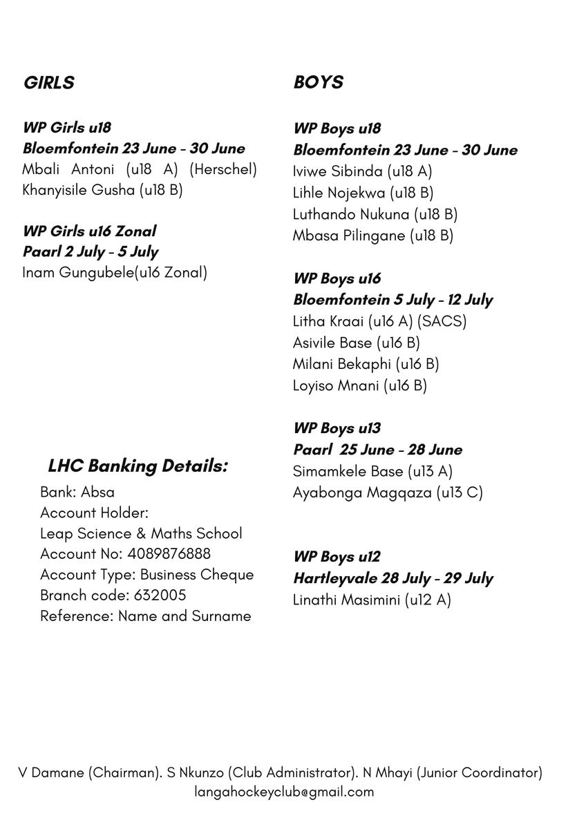 To hockey family and sponsors. Make their dreams a reality ❤️🏑❤️
<a href="/BayandaSimetu10/">YUPI</a> <a href="/robertmarawa/">robertmarawa</a> <a href="/ThabisoMosia/">Member</a> <a href="/damanev_vuyo/">Ryan ®️</a> <a href="/damane_vuyani/">MalikSheik</a> <a href="/ssimetu/">Siyabulela Simetu</a> <a href="/Lunga_26/">Lunga</a> <a href="/Ngile21/">Lungile Tsolekile</a> <a href="/owenmaqula/">OWEN</a> <a href="/Phumz1982/">Phumzile Malotana</a>