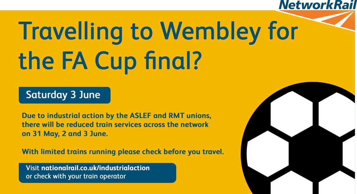 ⚽ Travelling to Wembley for the FA Cup final? ⚽

❗ Due to industrial action, there will be no train services in and out of Piccadilly today

📲 Check before you travel @nationalrailenq