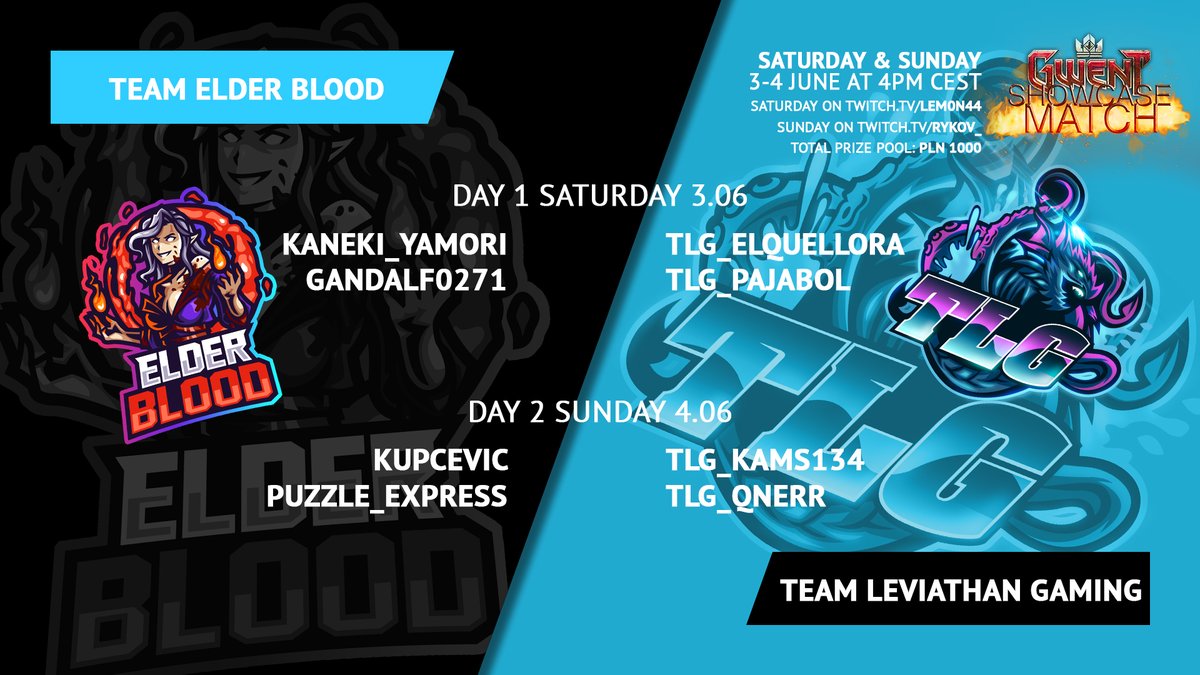 The Gwent Showcase match is starting today! Join us on Twitch to watch the battle between <a href="/TeamElderBlood/">Team Elder Blood</a>  and <a href="/LeviathanTlg/">(TLG)TEAM LEVIATHAN GAMING</a>!

The cast will be hosted:
- Saturday at 4pm CEST by <a href="/lemon44_/">lemon44</a> 
- Sunday at 4 pm CEST by <a href="/heypatrykhere/">Rykov</a> 
#gwent