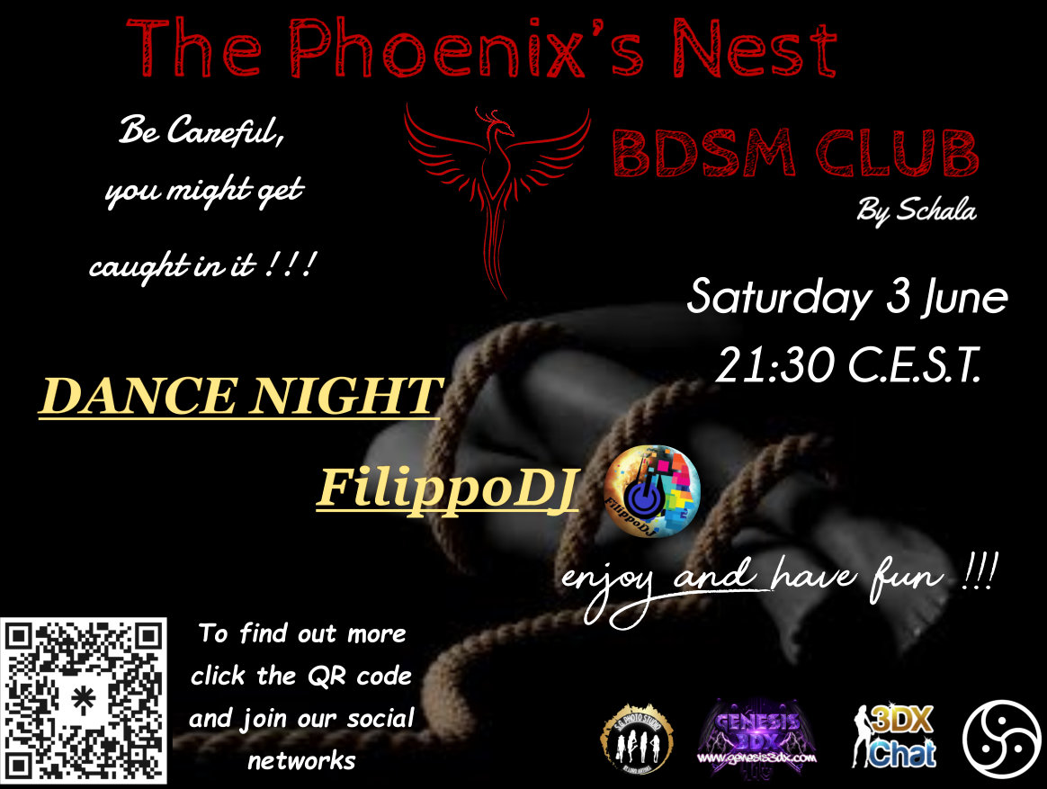 🔥 Get ready to ignite the night at Phoenix's Nest BDSM Club with  @FilippoDj! 🎧🎶 Let's dance into the wild in our electrifying den. Don't miss out on this unforgettable experience! Spread the word and join us! #PhoenixsNest #BDSMClub #FilippoDj #DJNight 🎉✨ #3DXChat