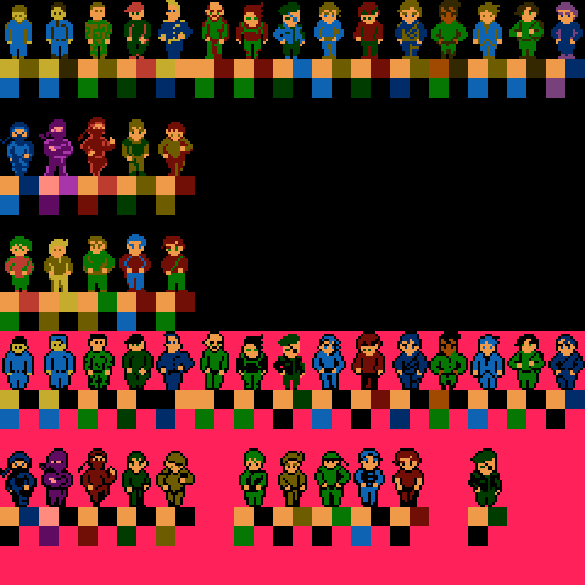 JorinDesign's tweet photo. More character sprites for Zombie Legacy(NES). Sprites are 16x24. I also started trying to draw sprites with black outline. This way color palettes are even more simplified. #NESgame #indiedev #indiegamedev #sprites #8bitgraphics #8bit #characterdesign https://t.co/VmW1OAK8Di