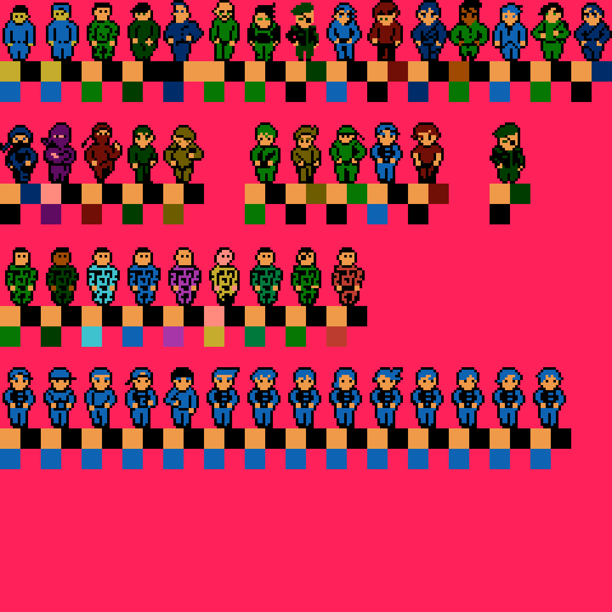 JorinDesign's tweet photo. More character sprites for Zombie Legacy(NES). Sprites are 16x24. I also started trying to draw sprites with black outline. This way color palettes are even more simplified. #NESgame #indiedev #indiegamedev #sprites #8bitgraphics #8bit #characterdesign https://t.co/VmW1OAK8Di