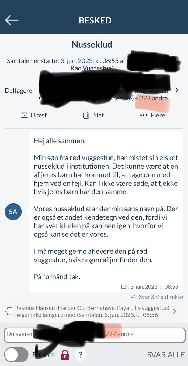 NepperDK's tweet photo. Kl er før 9 en lørdag, og har allerede fået den første mail på #Aula fra en forældre der har glemt noget og så skriver ud til +278 andre på andre stuer og etager af institutionen. Vi skal som forældre have en anden kultur for at spamme med mails - og svar ‘alle skal’ forbydes🤯 https://t.co/u24bMohrKu