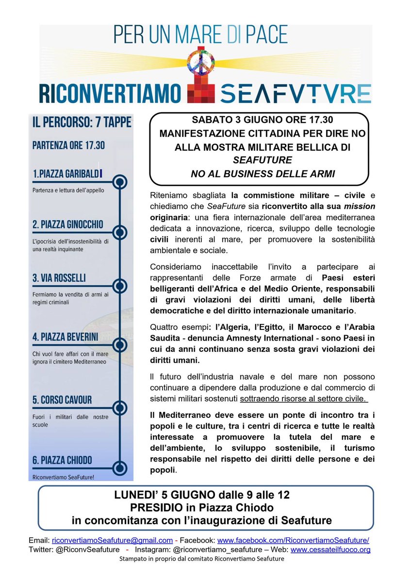 RiconvSeafuture's tweet photo. Oggi alle 17.30 a La Spezia la manifestazione #RiconvertiamoSeafuture. "No alla fiera navale-militare promossa dai colossi dell'industria militare statale (Leonardo e Fincantieri) per vendere  #armamenti a paesi in conflitto e a regimi autoritari che violano i diritti umani!". https://t.co/Ov8etsWR4o