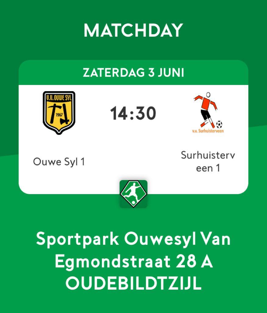 Matchday! Ouwe Syl 1 neemt het vanmiddag in de nacompetitie op tegen Surhuisterveen 1. Aanvang 14.30 uur. Kom allen om onze mannen van V.V. Ouwe Syl te supporten💪.