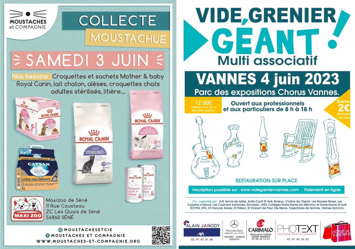 L'asso sera présente le 3/6 au Maxi Zoo de Séné (56) pour une collecte alimentaire.
🕚 9h30 - 19h00
📍 Lieu : Séné - ZC Les Quais de Séné (56)
Le 4/6, retrouvez-nous au grand Vide Grenier Vannes.
🕚 8h00 - 18h00
📍 Lieu : Parc des expositions Chorus à Vannes (56)