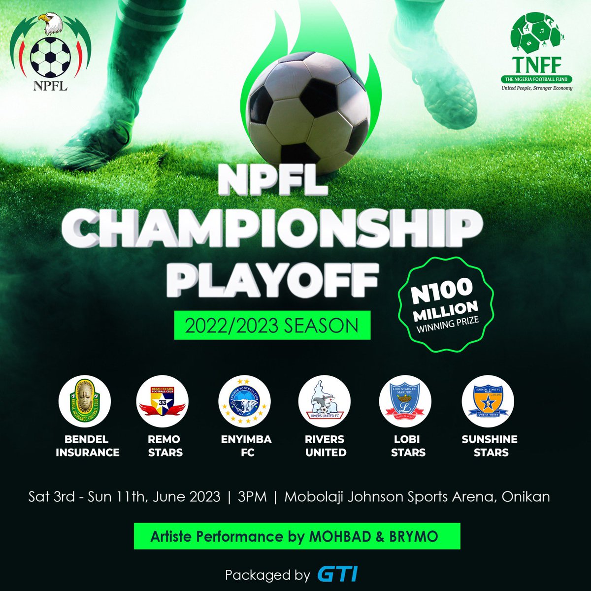 NPFL Super 6 Championship:

- League winner takes home N100 million.

- Continental spots also at stake.

Opening game: Enyimba vs Remo Stars, game kicks off 2pm today at the Mobolaji Johnson Arena.

#NPFL23ChampionshipPlayoff