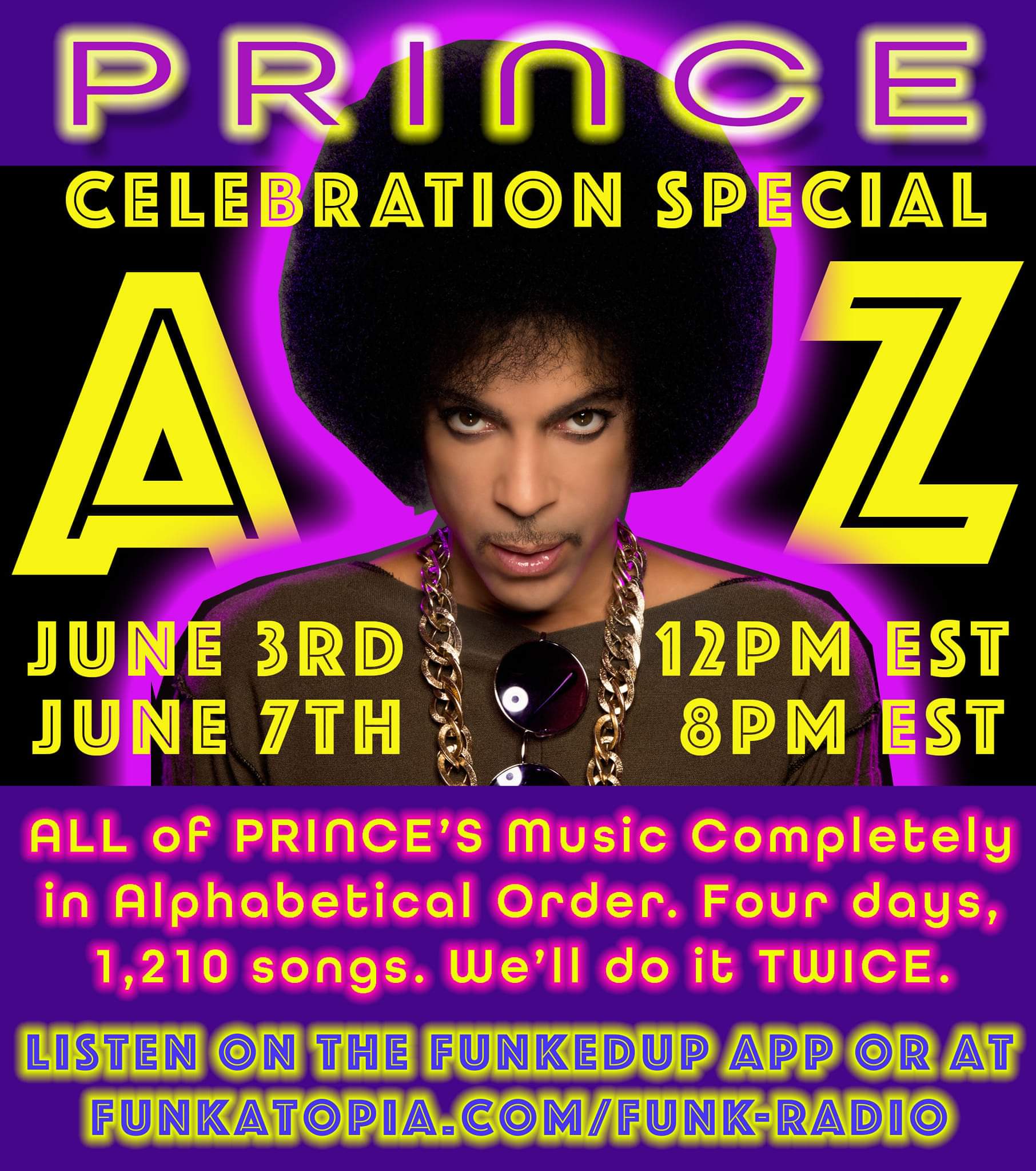 Funkatopia on X: 12pm EST on Sat. June 3rd. All of Prince's songs in  alphabetical order. Albums, jams, rogue tracks & more. 1,210 songs that  takes 4 days 2 finish. Then we