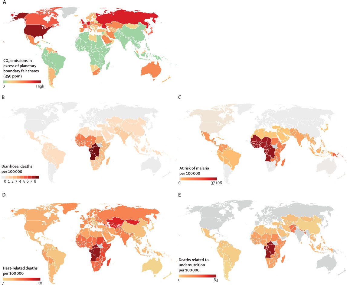 What does climate inequality look like? The top map shows national responsibility for climate breakdown. The bottom maps show projected climate-change attributable health and mortality risks in 2050.