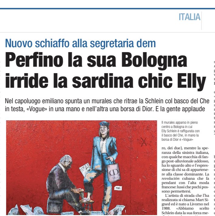 A Bologna, spunta un murales che ritrae #EllySchlein col basco del Che Guevara in testa, Vogue in una mano e nell’altra una borsa di Dior.