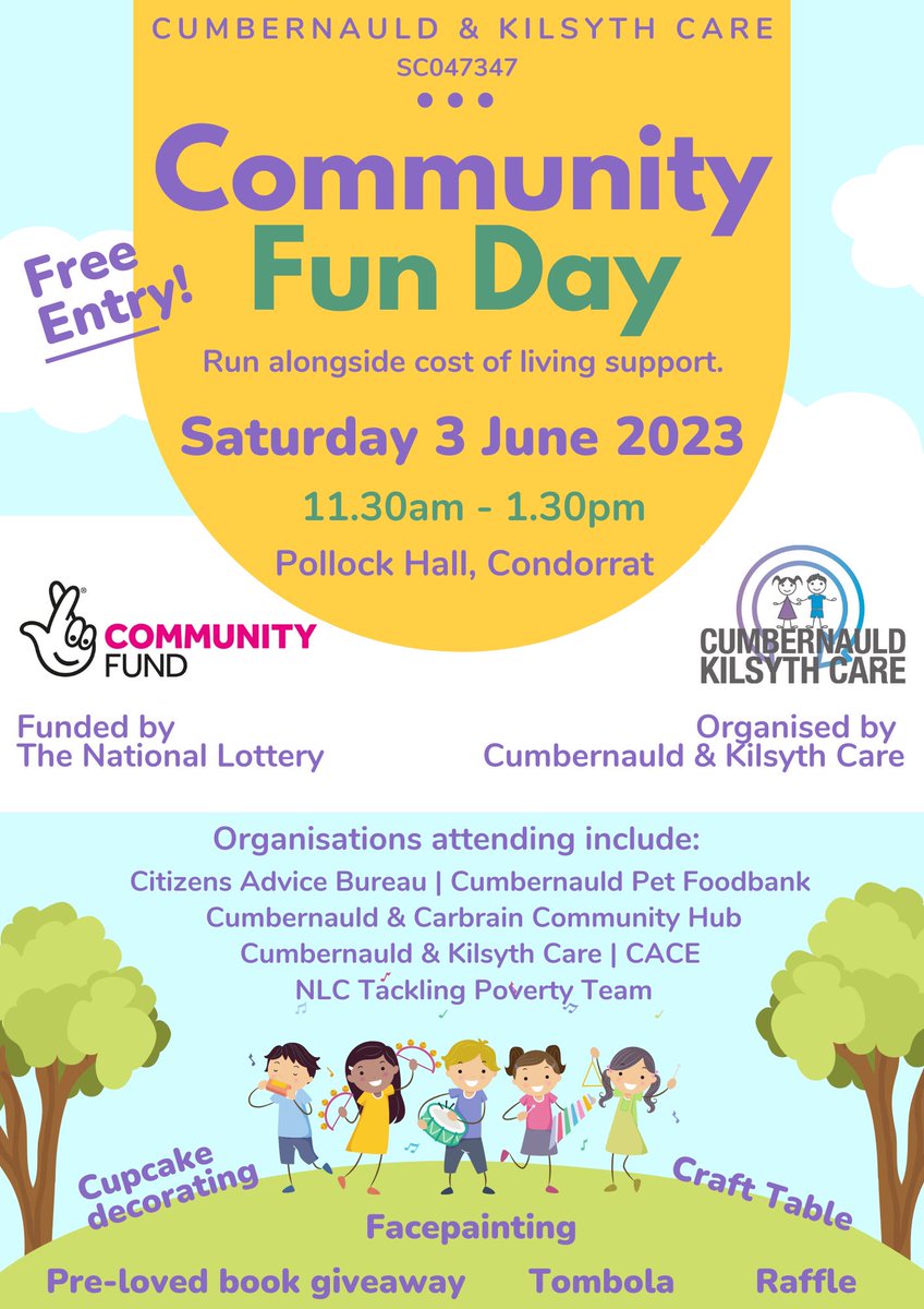 Cumbernauld Cares (@cnauldcares) on Twitter photo COMMUNITY FUN DAY - TODAY! ☀️
Make sure to get along to Pollock Hall in Condorrat this afternoon for a host of community based enjoyment. Networking at its finest and togetherness on show! ❤️
<a href="/CumbKilsythCare/">Cumbernauld & Kilsyth Care</a> <a href="/CarbrainH/">Cumbernauld & Carbrain Community Hub</a> <a href="/CACECumbernauld/">CACE Cumbernauld</a> <a href="/nlcpeople/">NorthLanCouncil</a> <a href="/TNLUK/">The National Lottery</a> COMMUNITY FUN DAY - TODAY! ☀️
Make sure to get along to Pollock Hall in Condorrat this afternoon for a host of community based enjoyment. Networking at its finest and togetherness on show! ❤️
<a href="/CumbKilsythCare/">Cumbernauld & Kilsyth Care</a> <a href="/CarbrainH/">Cumbernauld & Carbrain Community Hub</a> <a href="/CACECumbernauld/">CACE Cumbernauld</a> <a href="/nlcpeople/">NorthLanCouncil</a> <a href="/TNLUK/">The National Lottery</a>