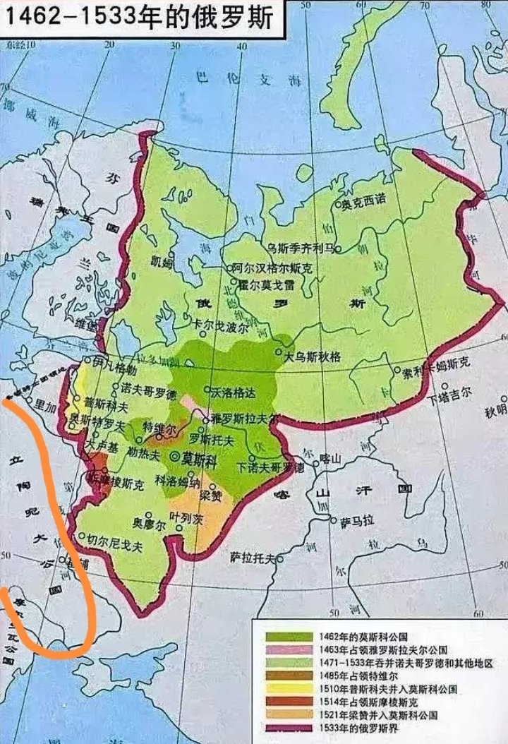 都别争了，原来乌克兰本来就是俄罗斯和立陶宛的，1462年到1533年的地图就可以看出来，根本没有乌克兰，而且整个西伯利亚、外兴安岭、海参崴都不是俄罗斯的，按这个地图都归还吧！