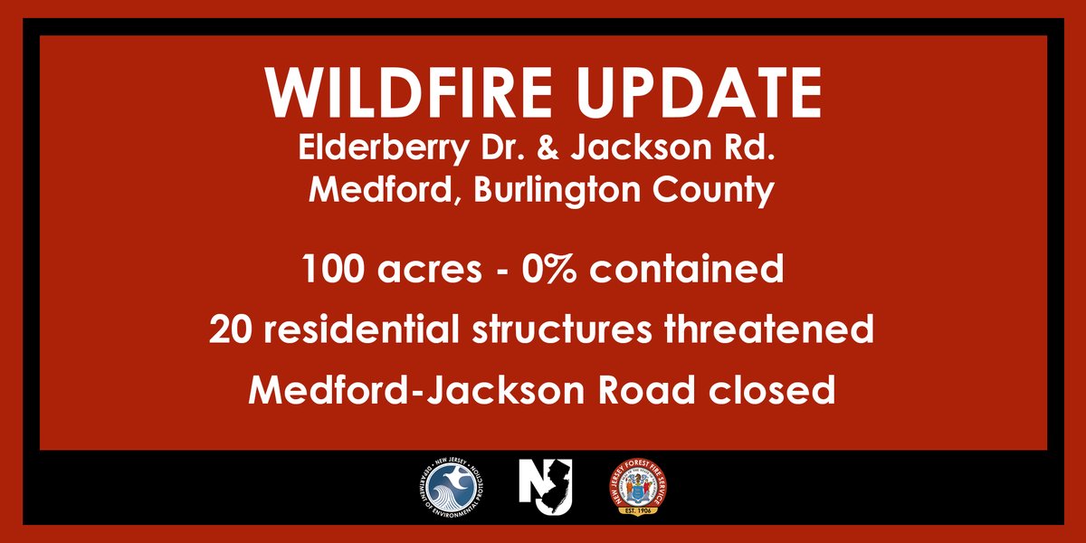 WILDFIRE UPDATE: Flatiron Wildfire – Medford, Burlington County'

@njdepforestfire is on scene of a wildland-urban interface wildfire burning in the area of Elderberry Dr. & Jackson Rd. in Medford, Burlington County

The wildfire has reached 100 acres in size and is 0% contained.