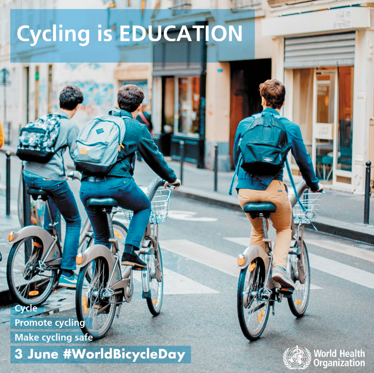 UNRSC's tweet photo. The bicycle is a simple, affordable, reliable, clean &amp; sustainable means of transportation, which promotes health, education, development &amp; social inclusion. Let’s #MakeCyclingSafe! https://t.co/Yyf8pF2142 #WorldBicycleDay2023 https://t.co/Xm4L0ts3O9