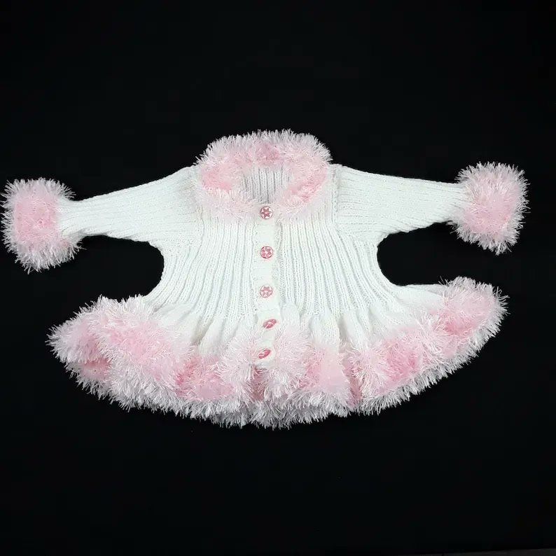 Baby girls white cardigan - fluffy pink trim - 20 inch chest 6 - 12 months buff.ly/42cHVCx #knittingtopia #etsy #knittedbabyclothes #baby #handknitted #mummybloggers #tweetuk #MHHSBD #craftbizparty