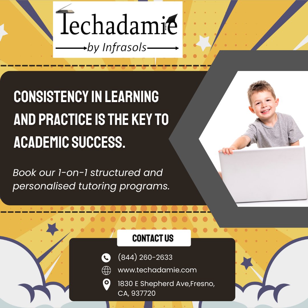 Consistency in learning and practice is the key to academic success.

Book our 1-on-1 structured and personalised tutoring programs.

Contact us for more info.
Website: techadamie.com
Call: (844) 260-2633

#tutoring #onlinehometuition #ustuition #sciencetutor #tution