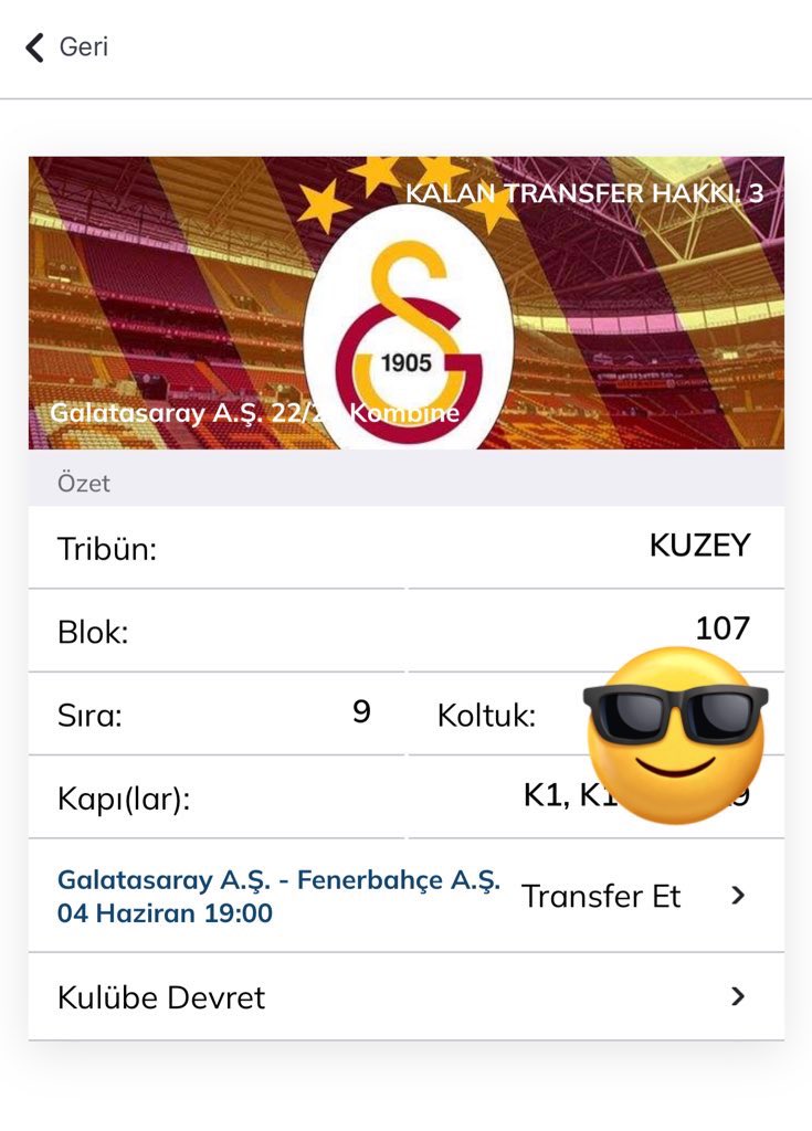 Yüz yüze veya QR ile devir mevcuttur fiyatı makuldur. 
#bilet #maçbileti #biletdevir #biletdevret #kombine #kombinedevir #kombinedevret #biletarıyorum #kombinem #Galatasaray #Galatasaraybilet #GSvFB