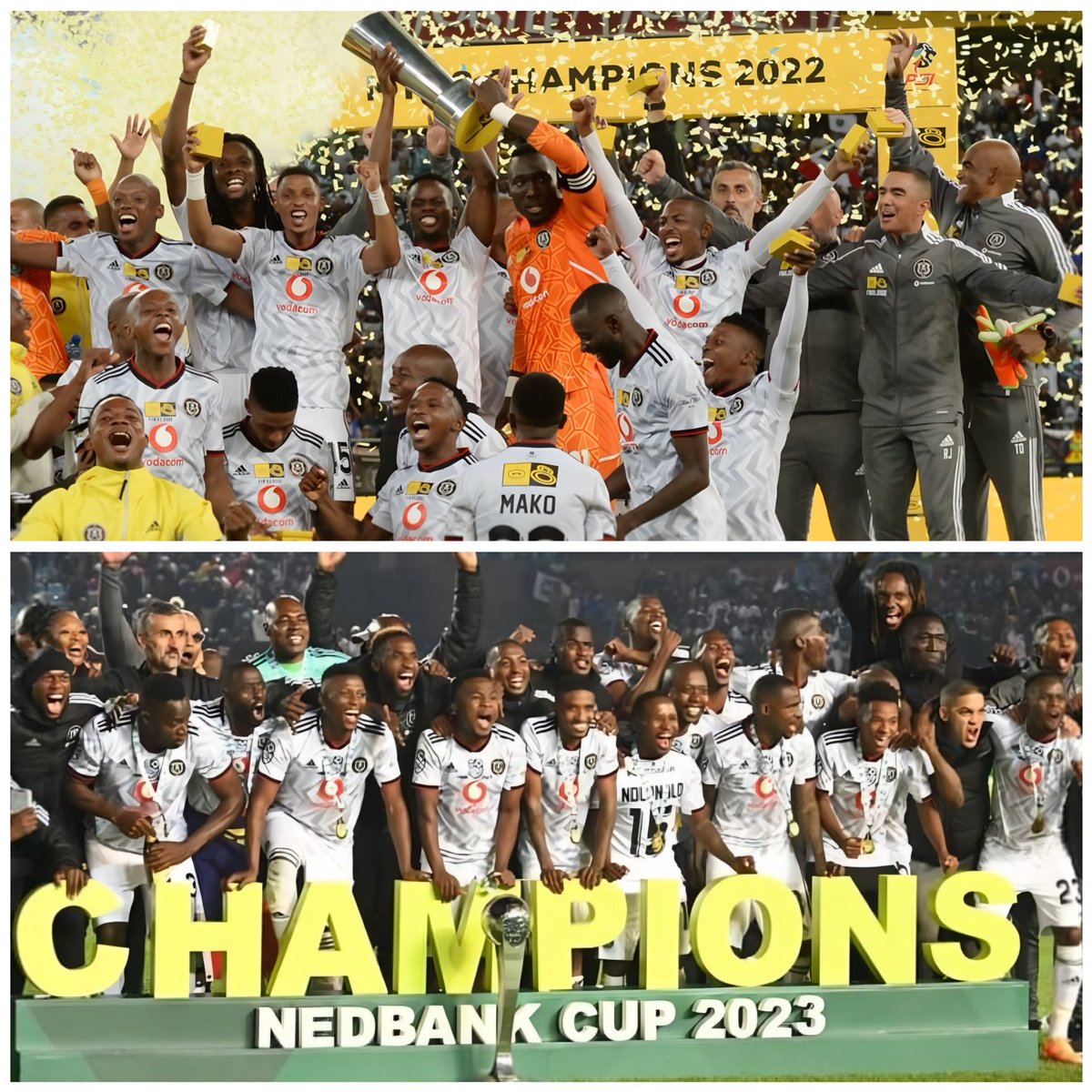 The sweetest thing about these two trophies is that we beat both our noisy neighbours and the orphans from Marabastad on our way to lifting them, hence the chest pains😭🤣🤣🤣 #DoubleChampions #MTN8 #NedbankCup2023