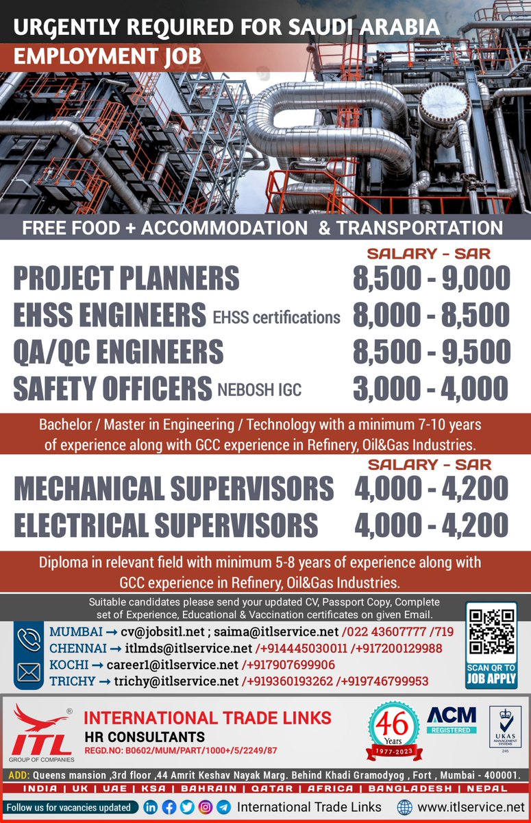 JOB VACANCY FOR #saudiarabia
Interested candidates, please send your updated CV on given emails

Learn more : itlservice.net

ITL H.O Location : bit.ly/3Nd5qXQ
#projectplanner #projectengineer #ehss #qaqcengineer #safetyofficer #mechanicalsupervisor