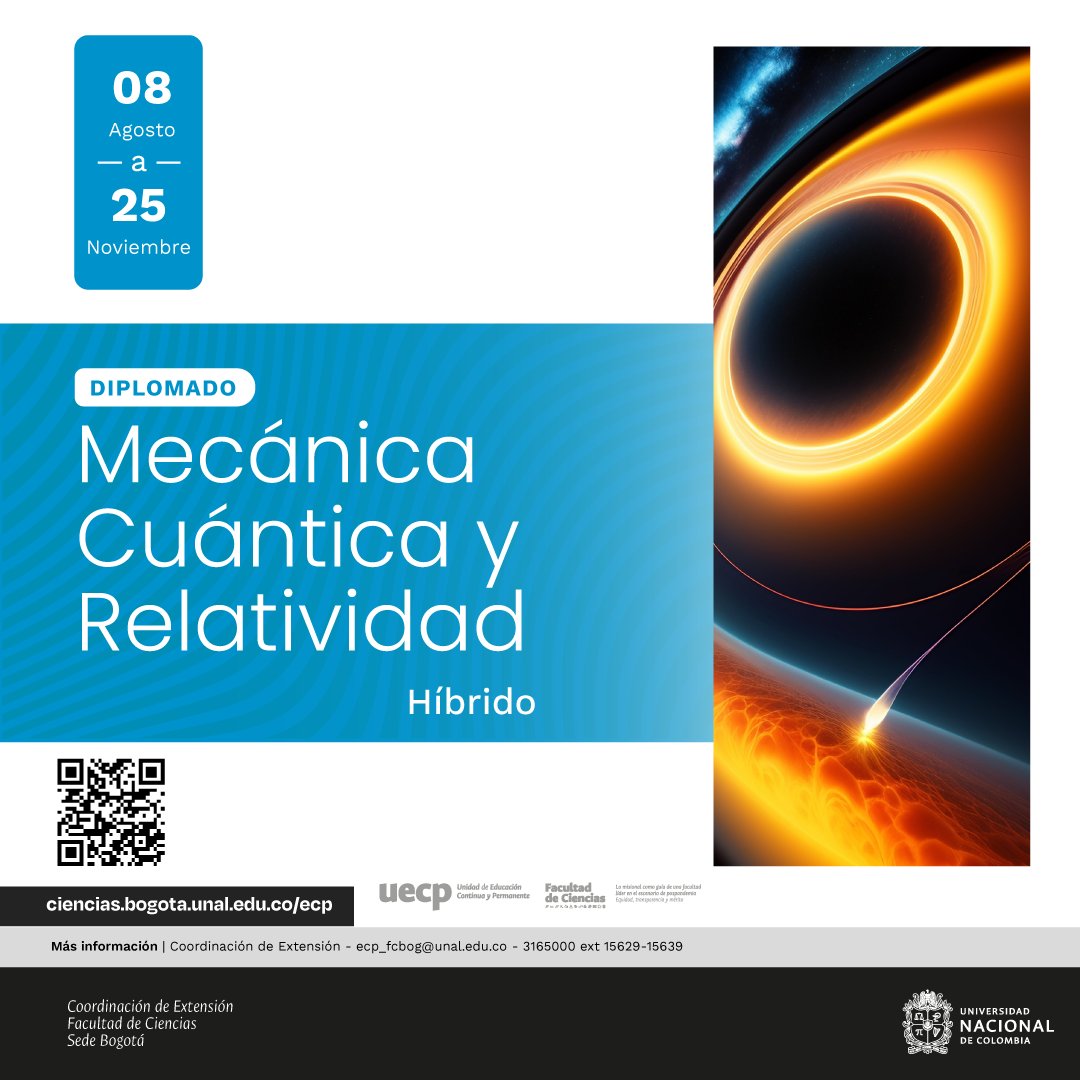 ¡Curso introductorio de mecánica cuántica y Relatividad!

La Universidad Nacional de Colombia @UNALOficial  y el departamento de física @FisicaUnal  están organizando un curso introductorio de mecánica cuántica y Relatividad!.

Inscripciones: bit.ly/DiploMCR2023