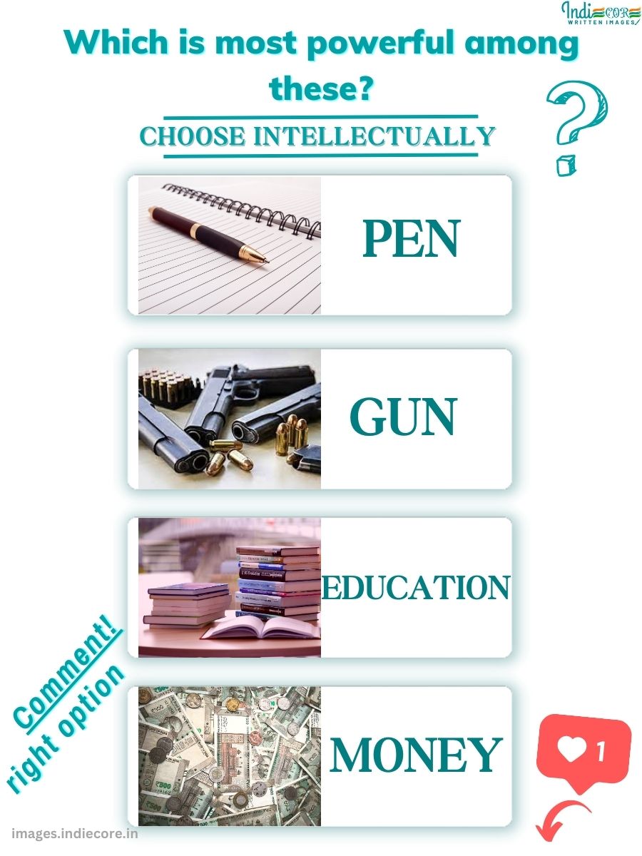 Indiecore_in's tweet image. Intellectual Quiz: Choose the Right Answer Intellectually
Among these options which are the most powerful things
Give quiz and improve your mind agility
.
.
.
#quiz #mindquiz #questions #trendingquiz  #education #knowledge #indiecore #innovative #mcq  #coromandelexpress #Rolex
