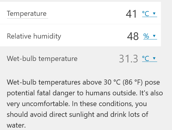praddy06's tweet photo. Even areas close to sea in Chennai city are sizzling at 41 C and Humidity is close to 50%

Assume Rajasthan or North India are recording 45 but humidity is just 15-20%.

Lets see the wet bulb temperature comparison. https://t.co/Ti5DAU2QZt