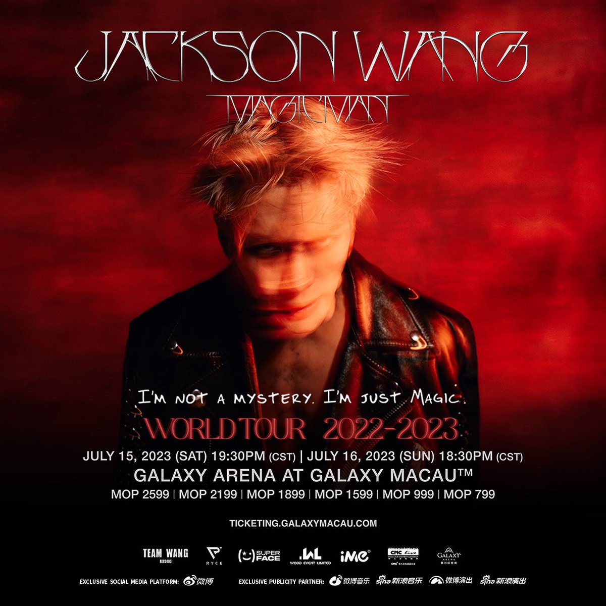 JacksonWang852's tweet photo. MAGIC MAN WORLD TOUR 2023 MACAU
.
Date: July 15th-16th, 2023
Venue: Galaxy Arena at Galaxy Macau™ 
Public On-sale: 12PM CST, June 7, 2023
.
Register on https://t.co/NiBv63X31M before proceeding the ticket.
.
Sexy 2 nights in Macau 💋
#MAGICMANWorldTour 
July 15-16th 
.
#MAGICMAN2
#JacksonWangWorldTour
#TEAMWANGrecords
@teamwangofcl