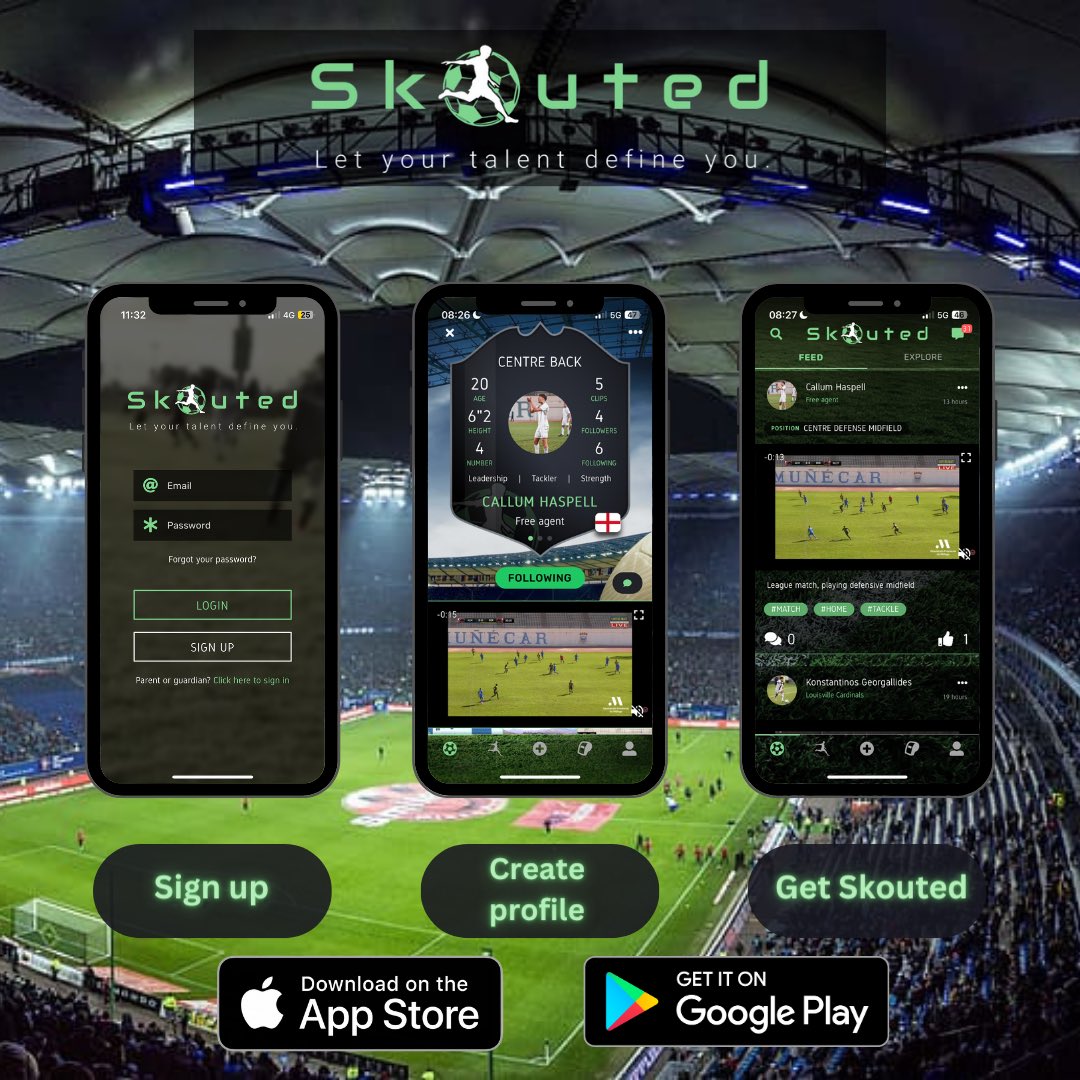 3 steps to take your football career to the next level.

1) Download the Skouted app and sign up.

2) Create a profile and upload your video footage.

3) Get seen by professional scouts worldwide.

Download the Skouted app today and get started 💫

#Skouted #Football #App