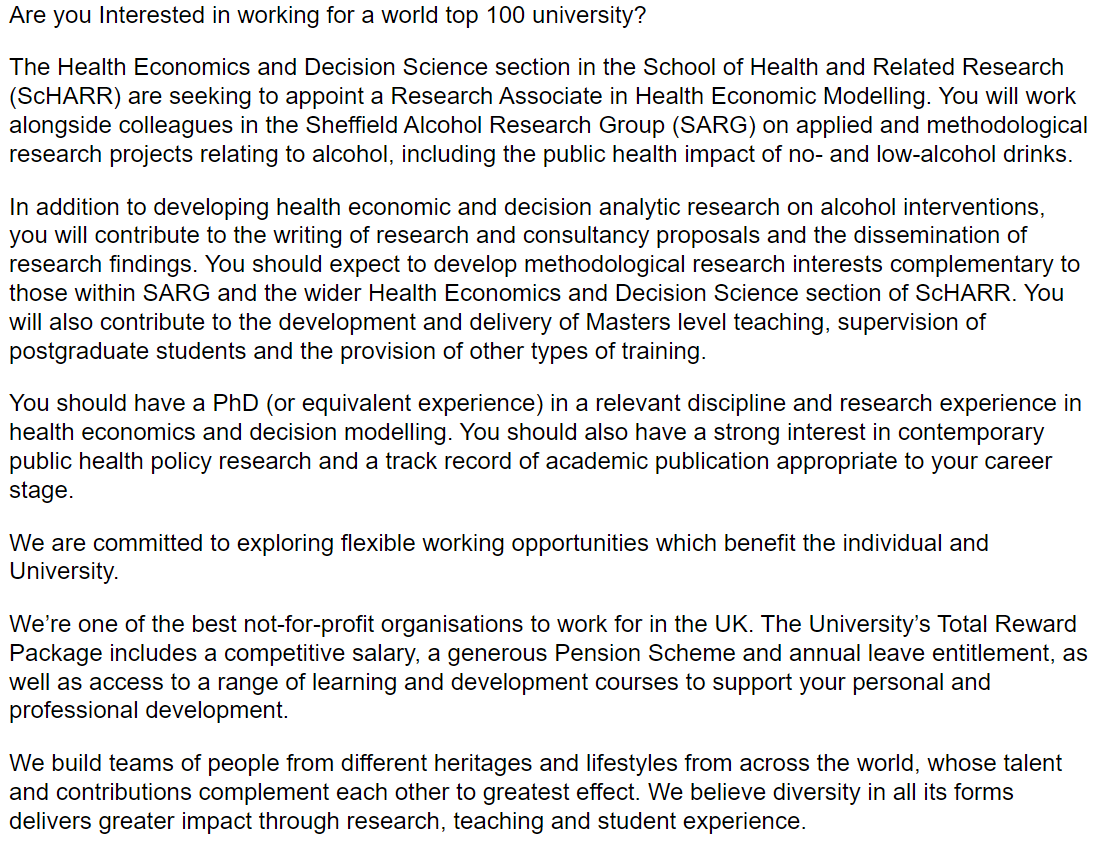 ***JOB OPPORTUNITY*** Join @SARG_ScHARR at University of Sheffield to work as a modeller on our no- and low-alcohol drinks project (and other stuff) 3 year post £36k-£39k Deadline 18th June Apply here: jobs.ac.uk/job/DAF022/res… More about the project: fundingawards.nihr.ac.uk/award/NIHR1353…