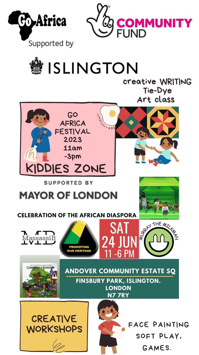 Morning All be the first to in the know of the exciting activities we have lined up for the #kidsactivities <a href="/GoafricafestUK/">Goafricafestival</a> on Sat 24th June 2023 <a href="/CentreAndover/">Andover Community Centre</a> 
<a href="/TNLComFund/">The National Lottery Community Fund</a> <a href="/IslingtonBC/">Islington Council</a> <a href="/MinorityMatter/">Minorities Matter</a> <a href="/MassassiB/">Massassi B</a> <a href="/CarleenDeSozer/">Carleen De Sozer</a> 
<a href="/volaction_is/">Vol Action Islington</a> <a href="/MewsOrg/">Middle Eastern Women and Society Organisation</a> 

eventbrite.co.uk/e/go-africa-su…