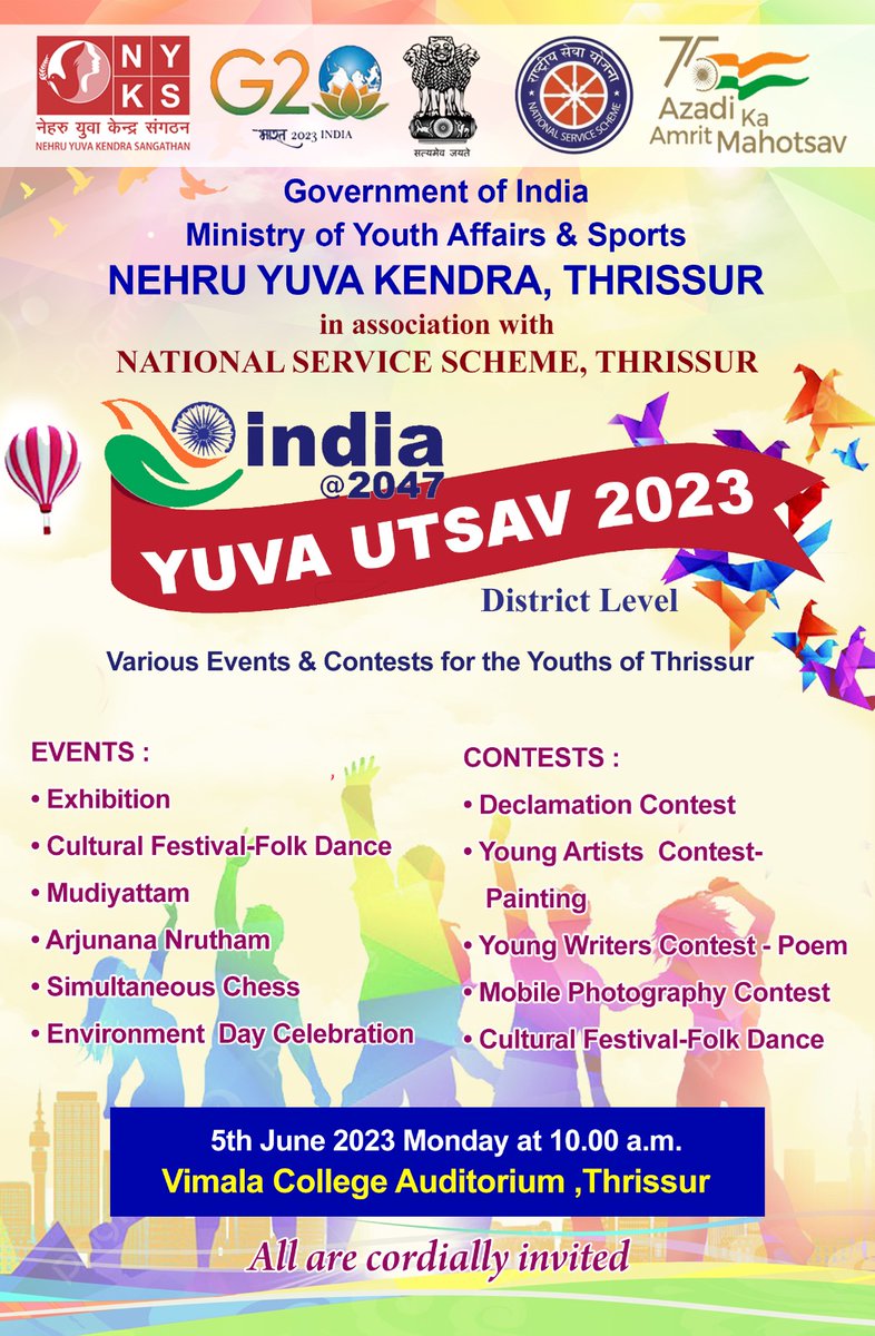 Nehru Yuva Kendra, Thrissur is organising #YuvaUtsav2023 at Vimala College, Thrissur on 5th June 2023.

@CBCTrivandrum
@MIB_India @PIBTvpm 
@Nyksindia @nykthrissur